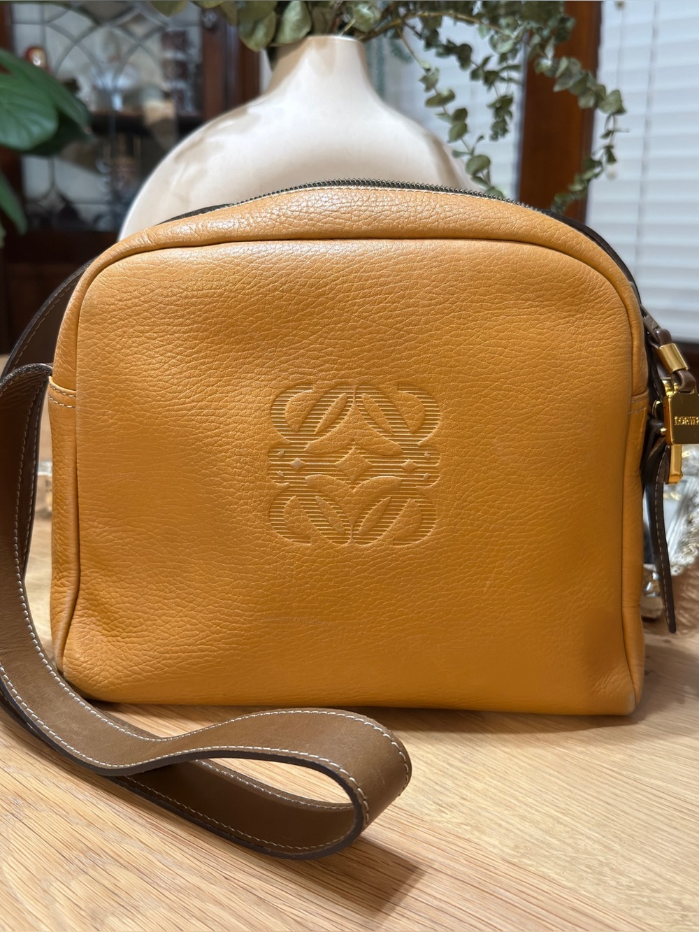 Loewe Vintage Anagram Embossed Camel Gold Leather Camera Shoulder Bag Amazona